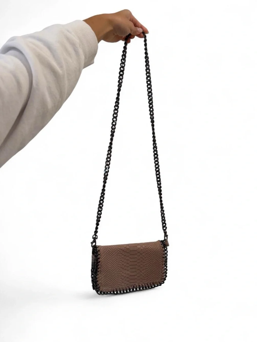 Brown Chain-Trim Python-Print Clutch